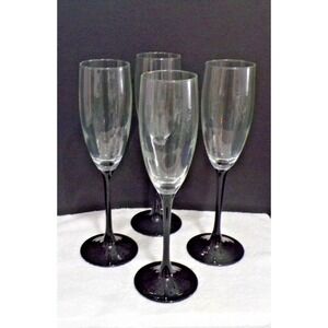 Vintage Domino Luminarc Flutes Wine Glasses 6 oz Black Stem to Clear Set of 4